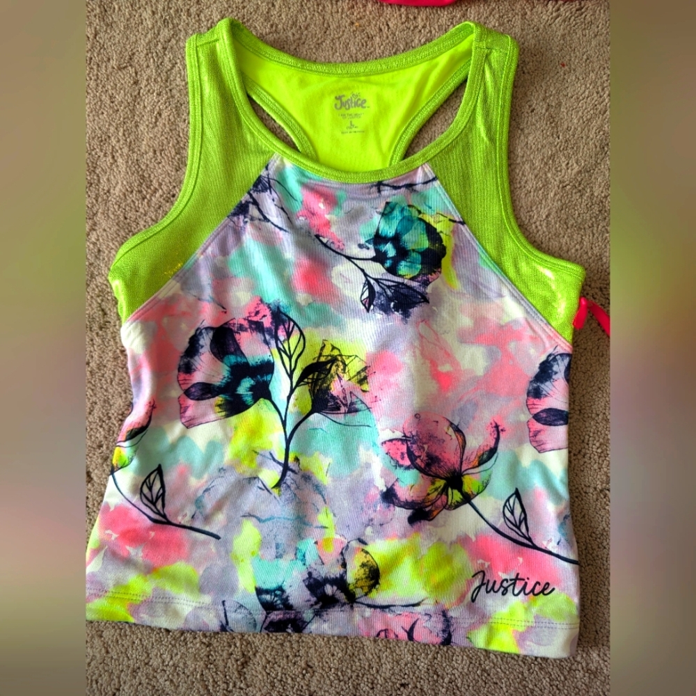 Justice girls tank top bright green with multi-colored flower design new w/tag